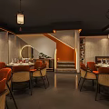 Restaurant Interior Design With Wooden Partition Pendant Lights Orange Rattan Seats And Textured Wall