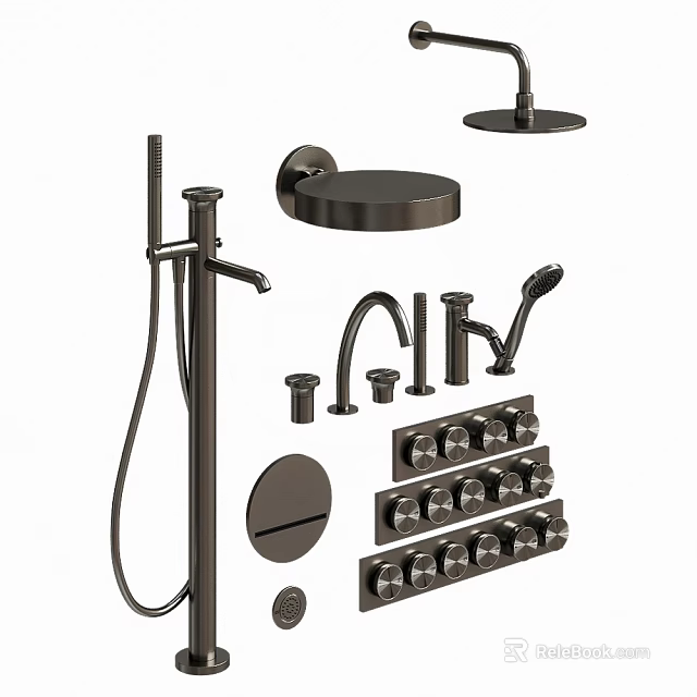 Modern Black Bathroom Accessories With Shower Head Faucet Knobs And Hardware 3d model