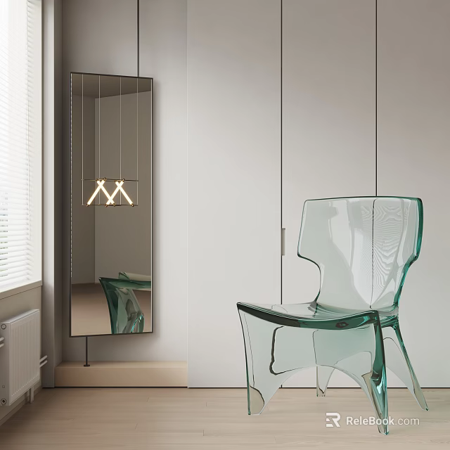 Transparent Green Modern Leisure Chair in Minimalist White Room with Mirror 3d model 
