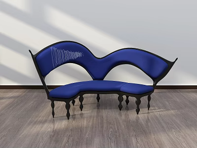 Blue Two Seat Leisure Chair With Unique Curved Design Black Frame And Wooden Floor Background 3d model