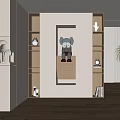 Modern Entryway Interior With Large Mirror Wooden Shelves Elephant Decor And Potted Plant