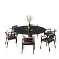 Black Round Dining Table Set with Stylish Chairs and Decorative Vase Decoration 3d model