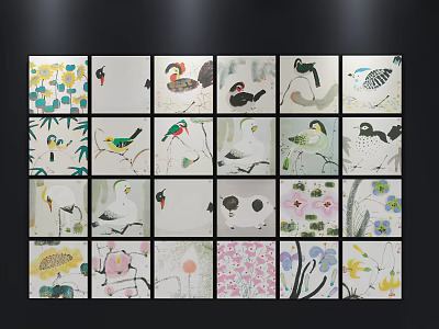 Colorful Animal Paintings In Multiple Panels With Various Birds And Floral Designs 3d model