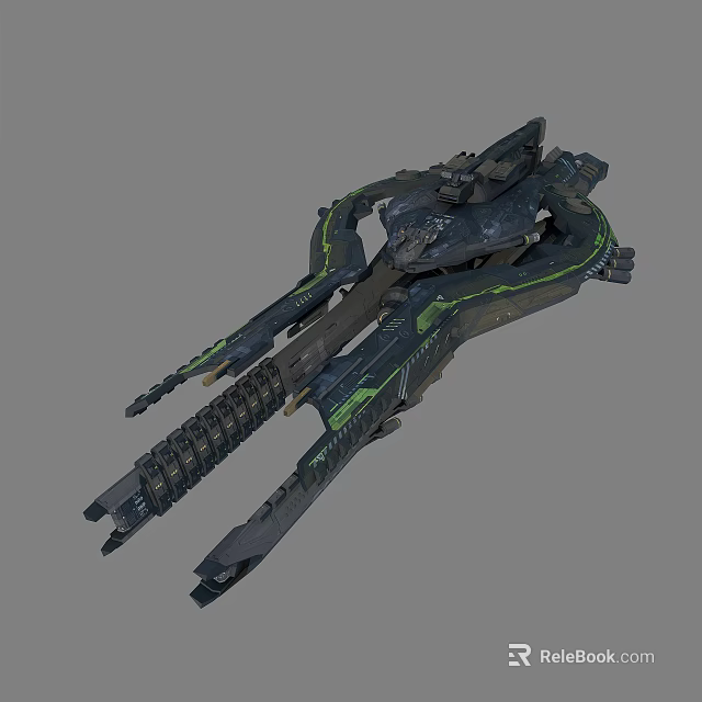 Detailed Futuristic Sci Fi Spaceship Model With Mechanical Structure Green Accents 3d model 