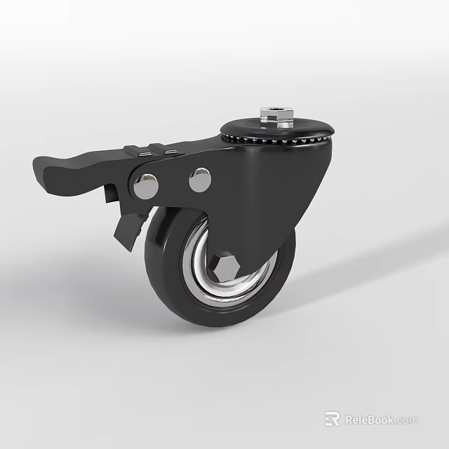 Black Swivel Caster Wheel With Brake Mechanism And Silver Hub 3d model 