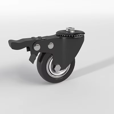 Black Swivel Caster Wheel With Brake Mechanism And Silver Hub 3d model