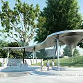 Modern Outdoor Pergola With Curved Roof Design And People Resting Near Green Trees