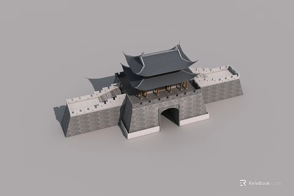 Traditional Chinese Ancient City Gate Swing Door With Stone Wall Architecture 3d model 