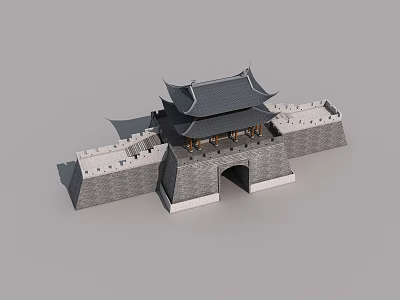 Traditional Chinese Ancient City Gate Swing Door With Stone Wall Architecture 3d model