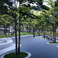 Modern Garden Landscape with Lush Trees Playground Pathway and Seating Benches