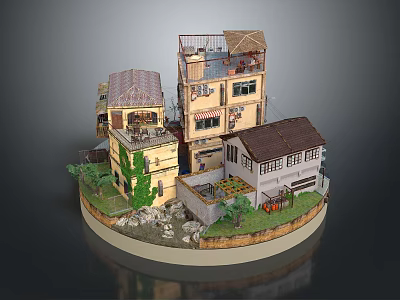 Cartoon Style Miniature Village Scene With Colorful Houses Green Vines And Small Yards 3d model