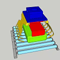 Colorful Mechanical Device Prototype With Blue Yellow Red Green Components And Light Blue Conveyor Track