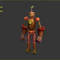 Wooden Apple Themed Robot Character For Game And Movie With Red Joints And Leaf