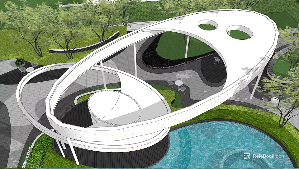 Modern Garden Landscape Design With Curved White Structure Blue Pool And Lush Greenery 3d model 