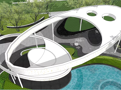 Modern Garden Landscape Design With Curved White Structure Blue Pool And Lush Greenery 3d model
