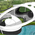 Modern Garden Landscape Design With Curved White Structure Blue Pool And Lush Greenery