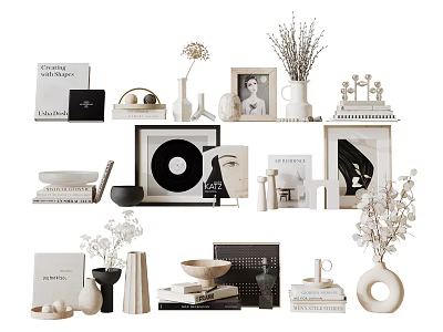 Elegant Decorative Ornament Set With Vases Photo Frames Books Vinyl Records And Sculptures 3d model