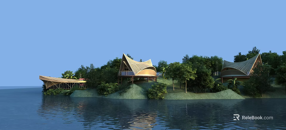 Wooden Hinged Door In Lakeside Architectural Design With Curved Roof And Greenery 3d model 