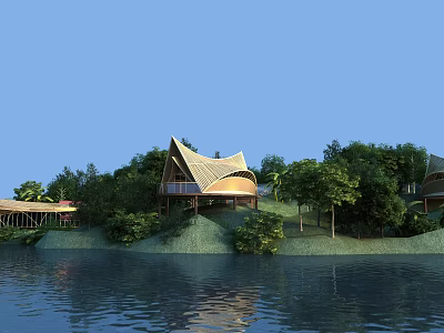 Wooden Hinged Door In Lakeside Architectural Design With Curved Roof And Greenery 3d model