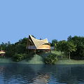 Wooden Hinged Door In Lakeside Architectural Design With Curved Roof And Greenery