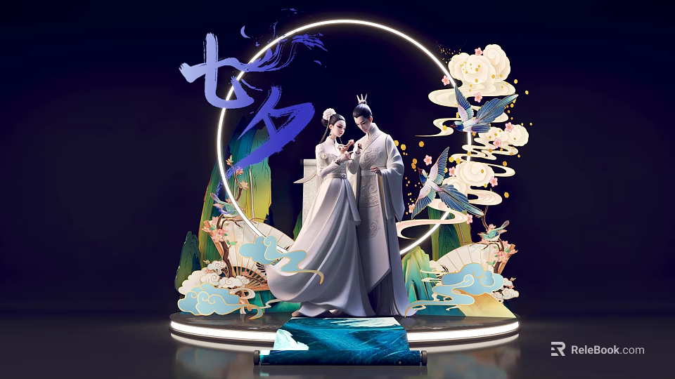Qixi Festival Romantic Scene With Traditional Costume Couple And Decorative Elements 3d model 
