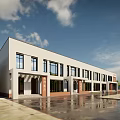 School Building With White Red Brick Walls Multiple Windows Front Square People And Cloudy Sky