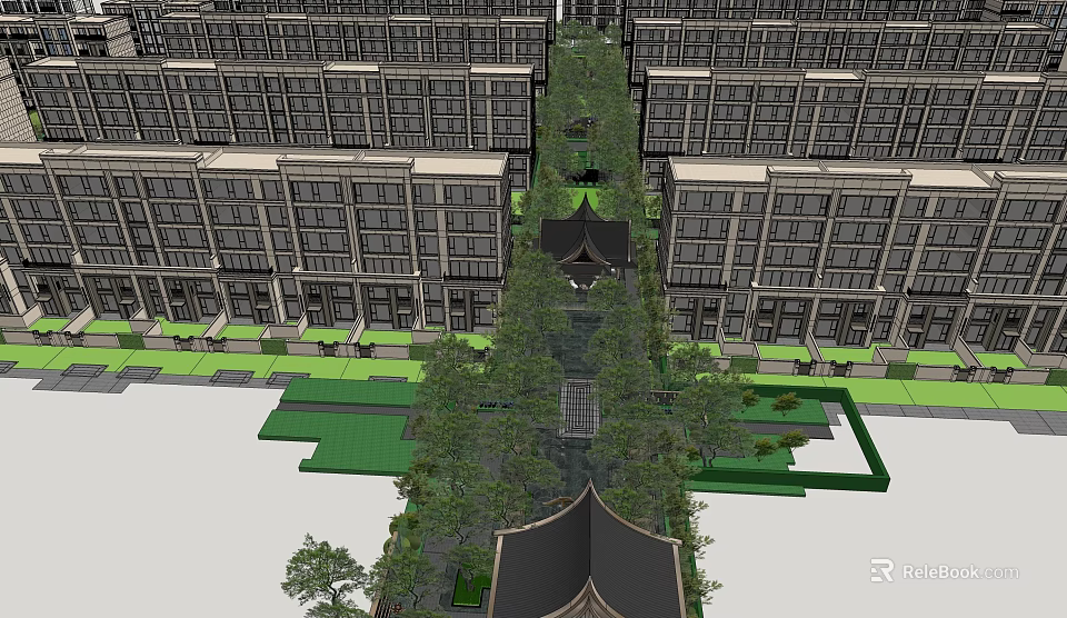 Garden Landscape Between Symmetrical Residential Buildings With Trees Pathway And Chinese Pavilion 3d model 