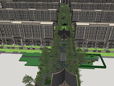 Garden Landscape Between Symmetrical Residential Buildings With Trees Pathway And Chinese Pavilion 3d model