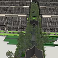 Garden Landscape Between Symmetrical Residential Buildings With Trees Pathway And Chinese Pavilion