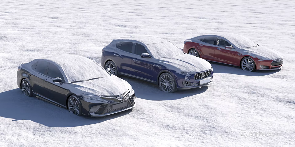 Three Snow Covered Black Blue And Red Cars Parked On Snowy Ground 3d model 