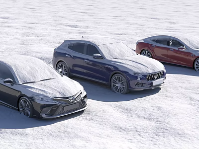 Three Snow Covered Black Blue And Red Cars Parked On Snowy Ground 3d model