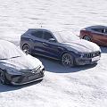 Three Snow Covered Black Blue And Red Cars Parked On Snowy Ground