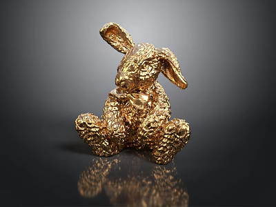 Decorative Golden Rabbit Figurine Sitting With Textured Metallic Surface On Black Reflective Base 3d model