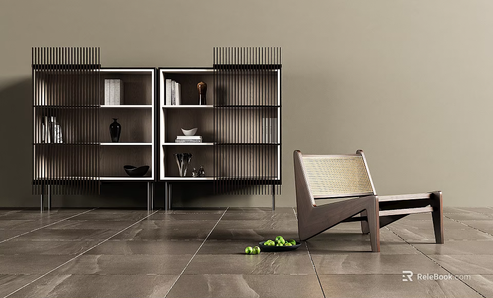 Modern Decorative Cabinet With Striped Design Open Shelves Accent Chair And Green Fruits 3d model 