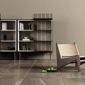 Modern Decorative Cabinet With Striped Design Open Shelves Accent Chair And Green Fruits