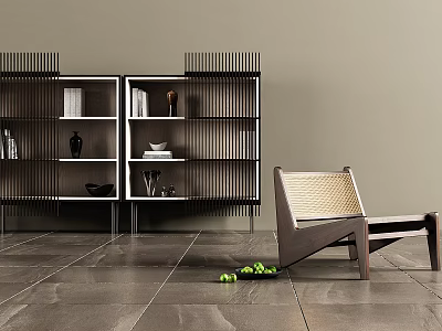 Modern Decorative Cabinet With Striped Design Open Shelves Accent Chair And Green Fruits 3d model