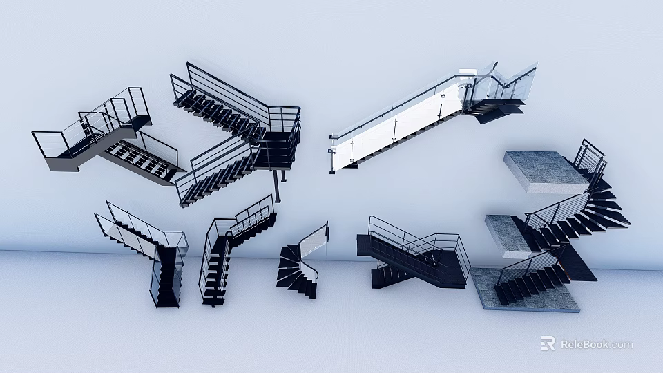 Modern Staircase Designs With Various Metal Railings And Contemporary Architectural Styles 3d model 