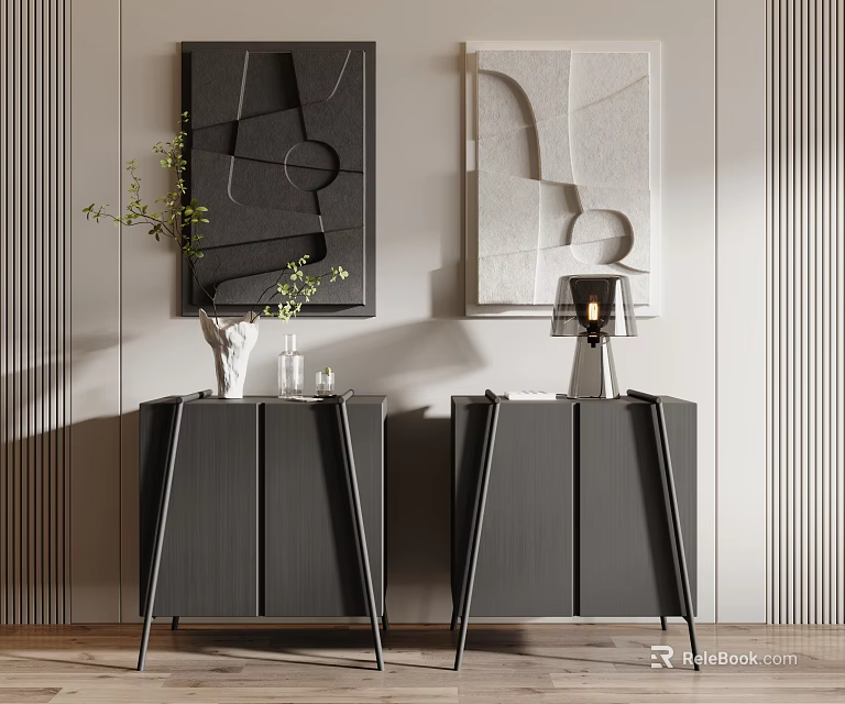 Modern Minimalist Black Bedside Tables With Decorative Paintings Vase And Table Lamp 3d model 