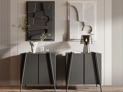 Modern Minimalist Black Bedside Tables With Decorative Paintings Vase And Table Lamp 3d model