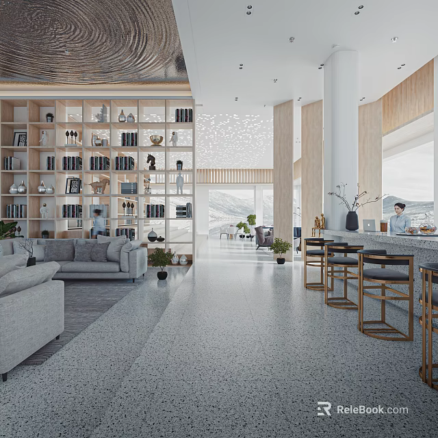 Modern Sales Office Interior With Large Bookshelf Sofa Bar Counter And Natural Light 3d model 