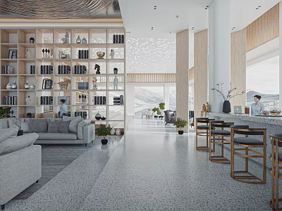 Modern Sales Office Interior With Large Bookshelf Sofa Bar Counter And Natural Light 3d model