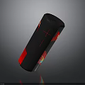 Sleek Black Red Cylindrical Portable Speaker With Modern Design And Compact Size