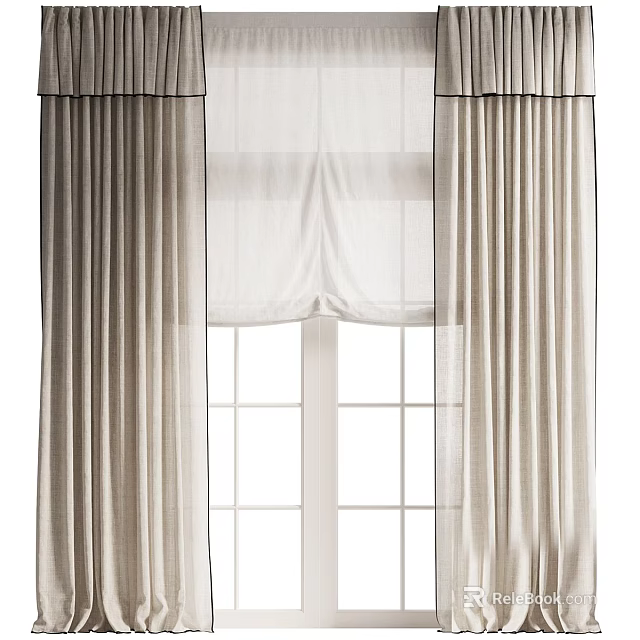 Light Linen Curtains With Sheer Layer And Valance For Modern Home Windows 3d model