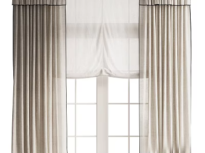 Light Linen Curtains With Sheer Layer And Valance For Modern Home Windows 3d model