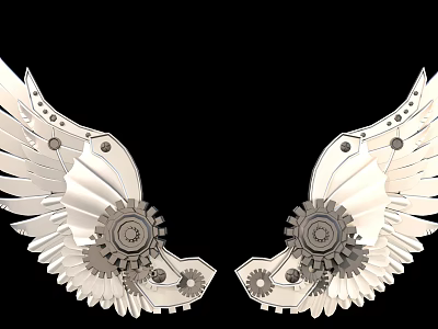 Silver Wing Shaped Decorative Pendant With Intricate Gear Decorations And Symmetrical Design 3d model