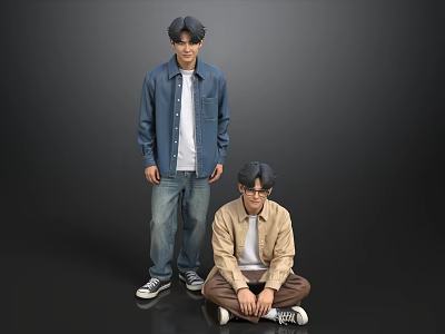 Two Young Men Standing and Sitting in Casual Outfits Against Gray Background 3d model