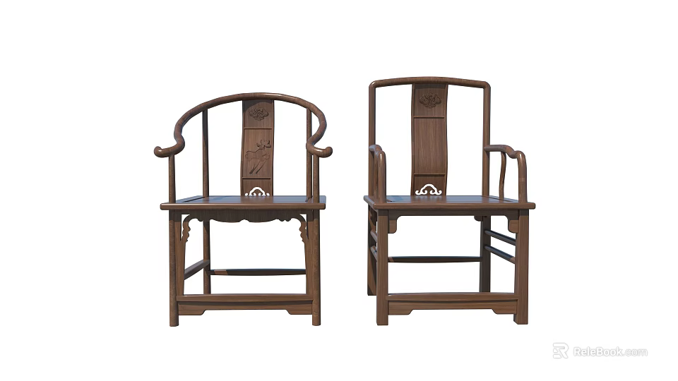 Traditional Chinese Wooden Leisure Chairs With Carved Backrest And Armrests Design 3d model 