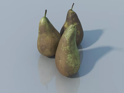 Three Fresh Pears With Green And Brown Spots On Light Colored Surface With Reflections 3d model