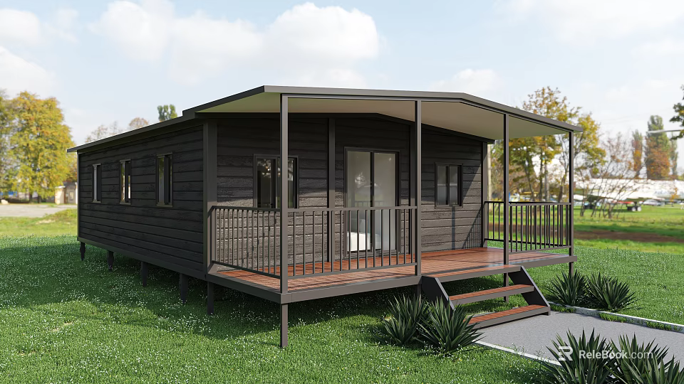 Modern Wooden House with Covered Porch Railing Wooden Deck Steps and Green Grass 3d model 