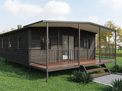 Modern Wooden House with Covered Porch Railing Wooden Deck Steps and Green Grass 3d model